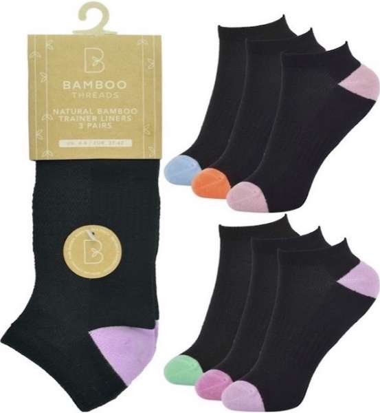 6 Pairs Ladies Bamboo Plain Arch Support & Ventilated Top Trainer Liner Socks Heel Toe Black