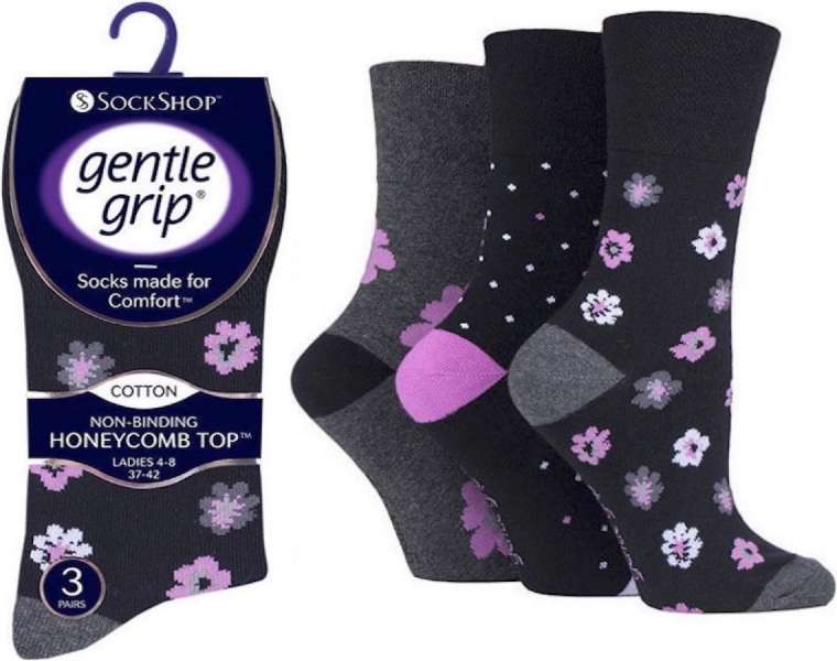 6 Pairs Ladies Gentle Grip Cotton Rich Non Binding Honeycomb Loose Top Socks 4-8 Floral Enchantment