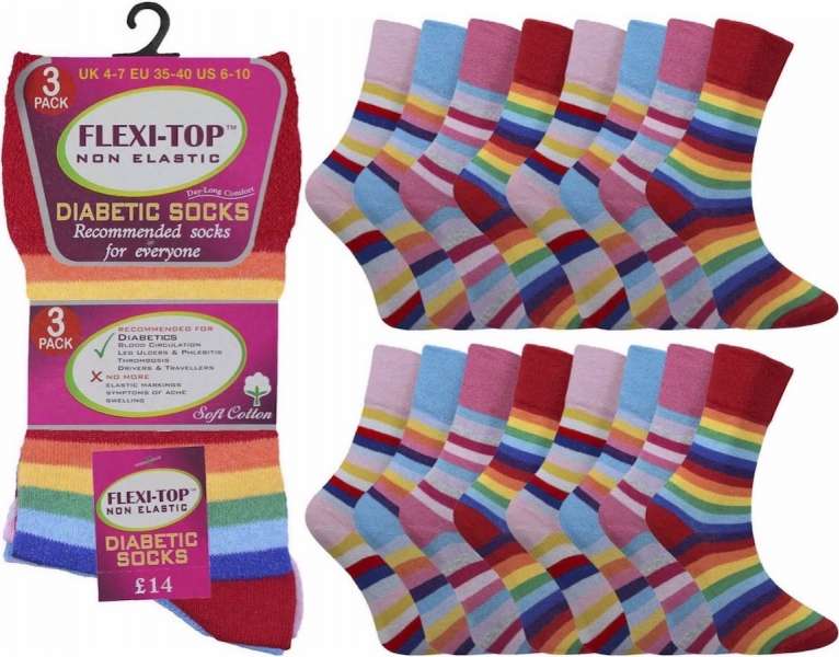 6 Pairs Ladies Stripe Design Non Binding Loose Elasticated Soft Top Socks UK 4-7