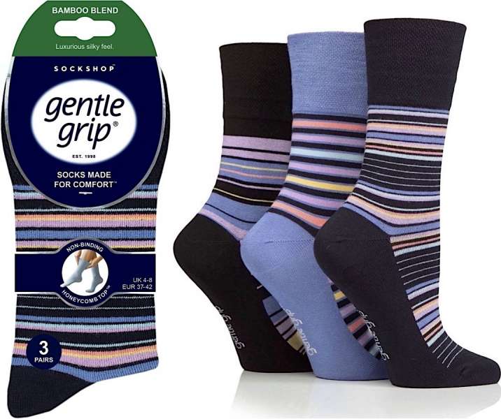 6 Pairs Ladies Bamboo Gentle Grip Non Binding Socks Multi Stripes