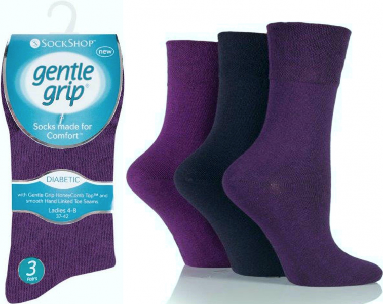 6 Pairs Ladies Diabetic Gentle Grip Seamless Toe Socks Purple UK 4-8