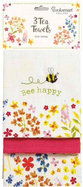 Bee Happy 100% Cotton Tea Towels 3 Pack