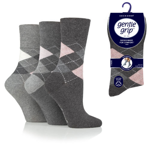 6 Pairs Ladies Gentle Grip Cotton Rich Non Binding Honeycomb Loose Top Socks 4-8 Argyle Grey