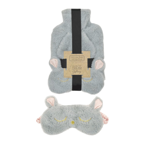 Grey Faux Rabbit Fur Hot Water Bottle wIth Eye Mask 1.5L