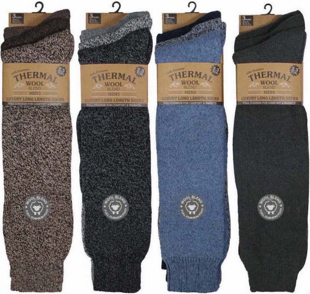 6 Pairs Men's Heavy Duty Chunky 20% Wool Blend 2.3 tog Thermal Insulated Fully Cushioned Long Hose Socks