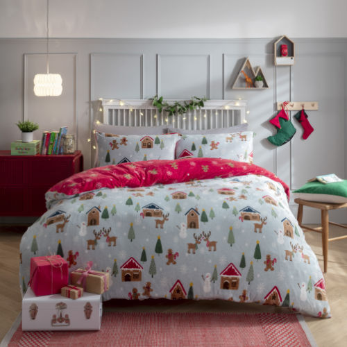 Scandi Scene Flannel Fleece Christmas Duvet Cover Bedding Set