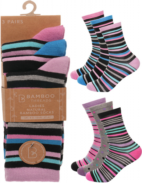 6 Pairs Ladies Bamboo Non Binding Comfort Soft Top Socks Stripes