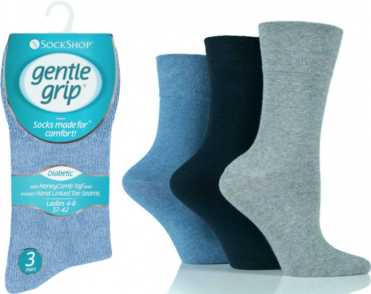 6 Pairs Ladies Diabetic Gentle Grip Seamless Toe Socks Blue Mix UK 4-8