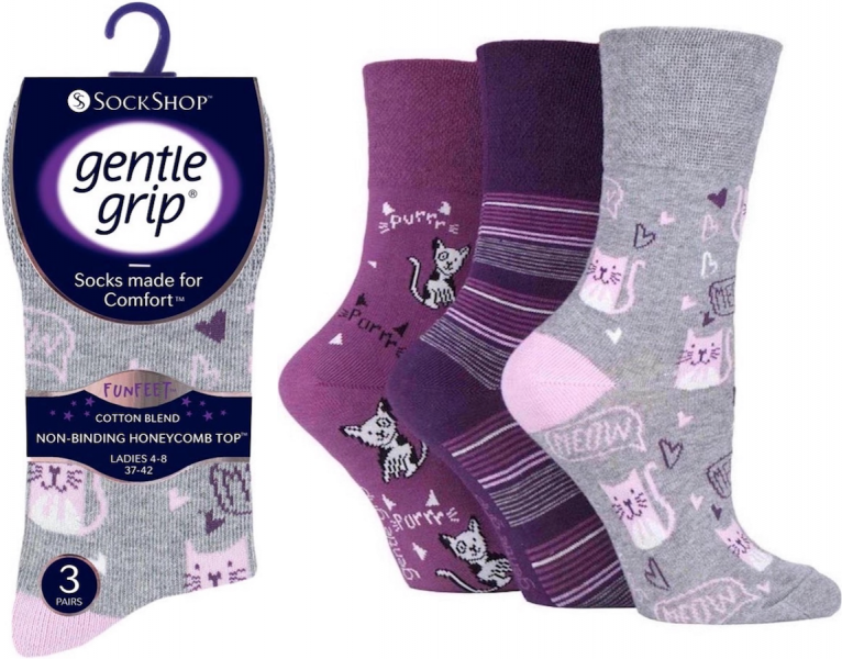 6 Pairs Ladies Gentle Grip Fun Feet Non Binding Honeycomb Loose Top Socks 4-8 Kitten Purrfect