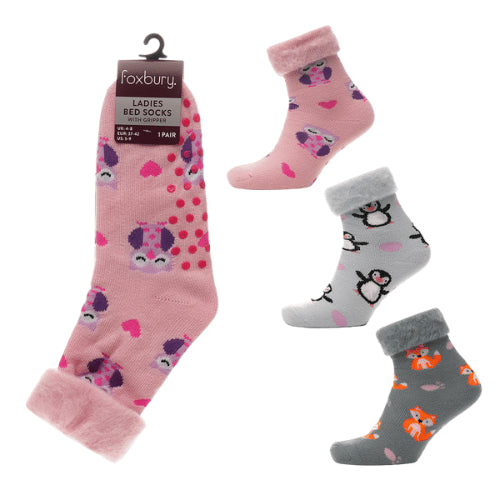 4 Pack Ladies Cute Design Bed Socks With Gripper UK 4-8