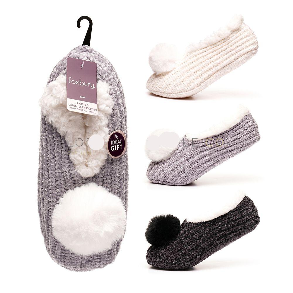 Ladies Chenille Slipper Footsies With Sherpa Lining