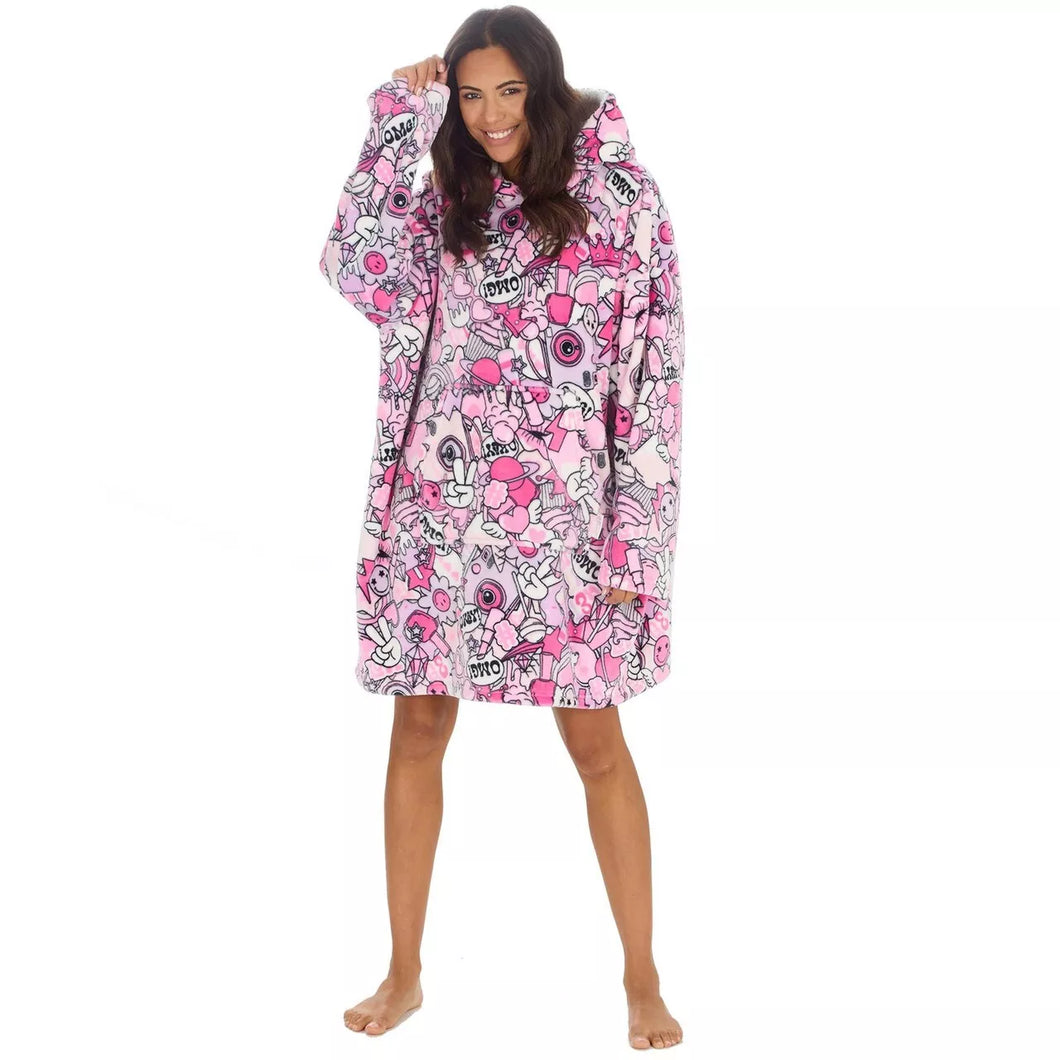 Ladies Stickers Oversized Plush Fleece Hoodie