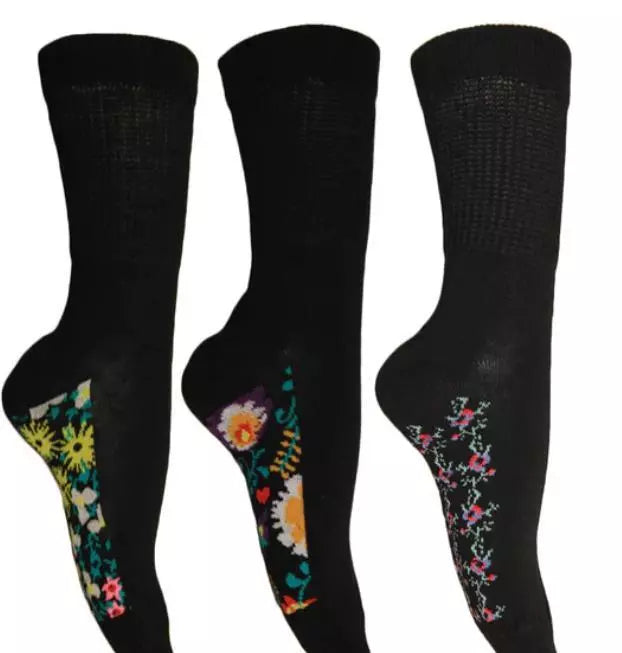 6 Pairs Ladies Floral Diabetic Extra Wide Non Binding Socks with Hand Linked Toe Seam UK 4-8