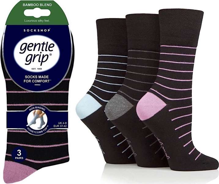 6 Pairs Ladies Bamboo Gentle Grip Non Binding Socks Black Stripes