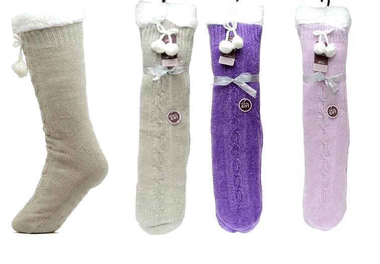 Ladies Sherpa Chenille Thermal Lined Knitted Slipper Gripper Bed Socks