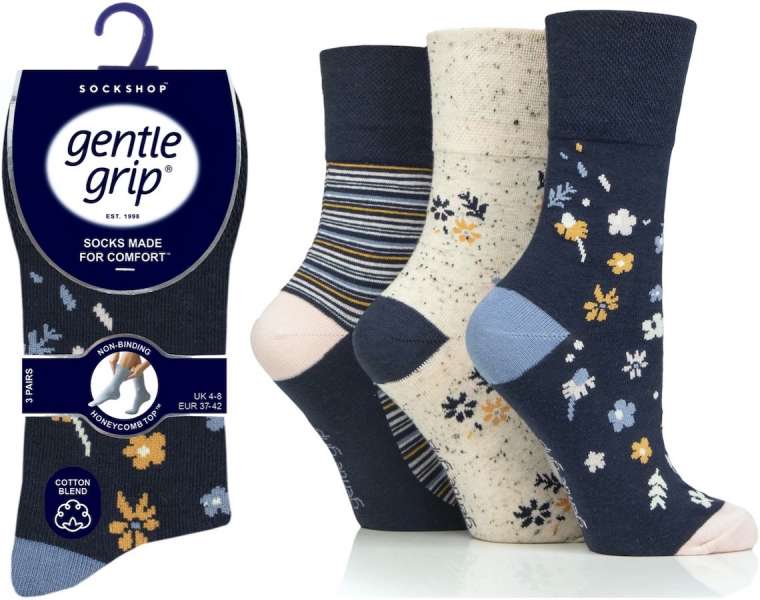 6 Pairs Ladies Gentle Grip Cotton Rich Non Binding Honeycomb Loose Top Socks 4-8 Ditsy Floral