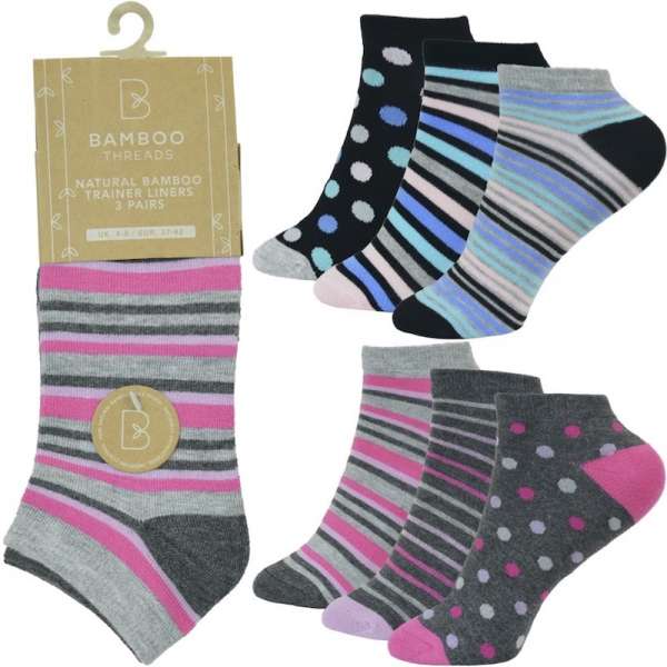 6 Pairs Ladies Bamboo Stripes & Spots Trainer Liner Socks UK 4-8