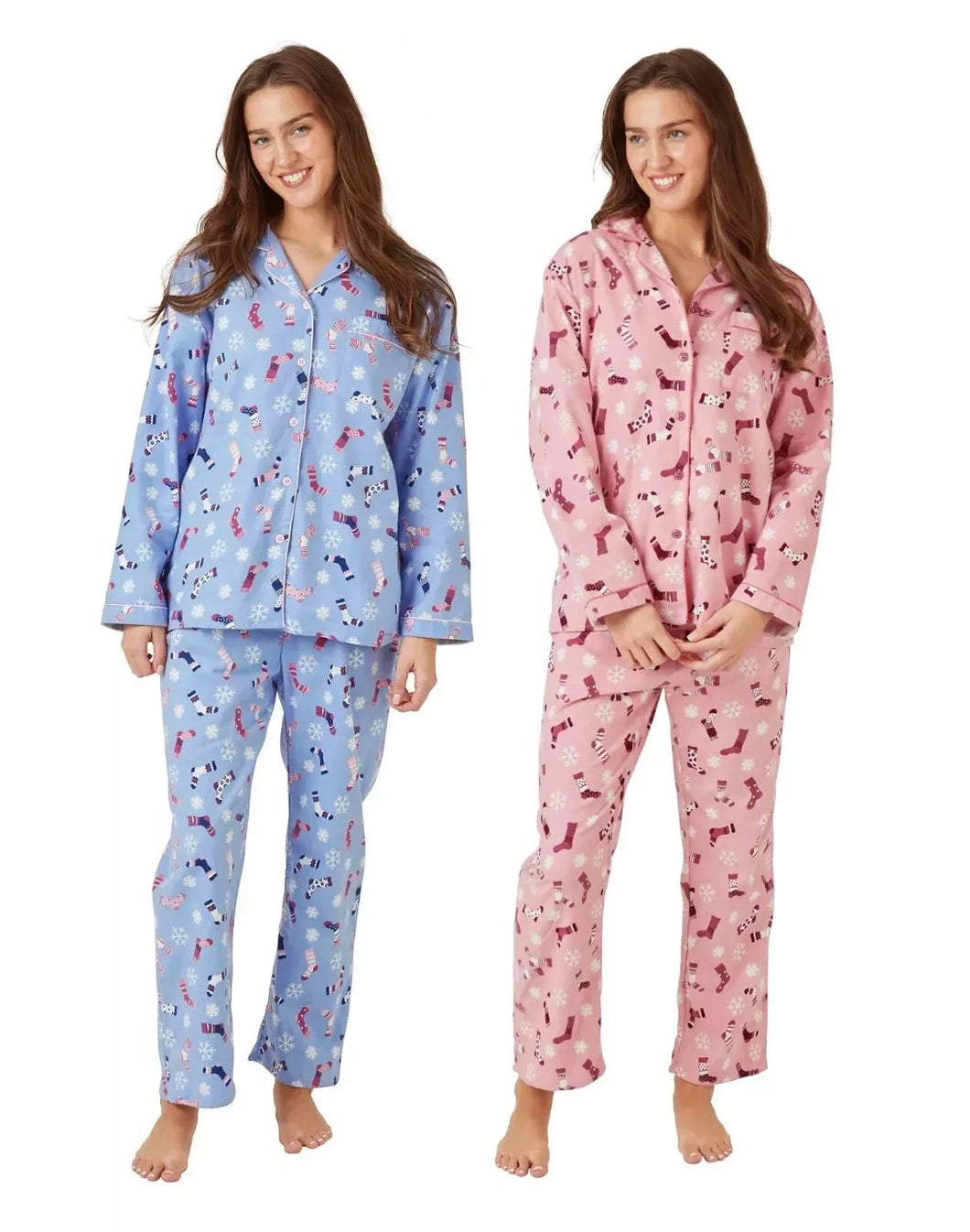 Ladies 100% Brushed Cotton Snowflakes & Sock Print Wincey Pyjamas