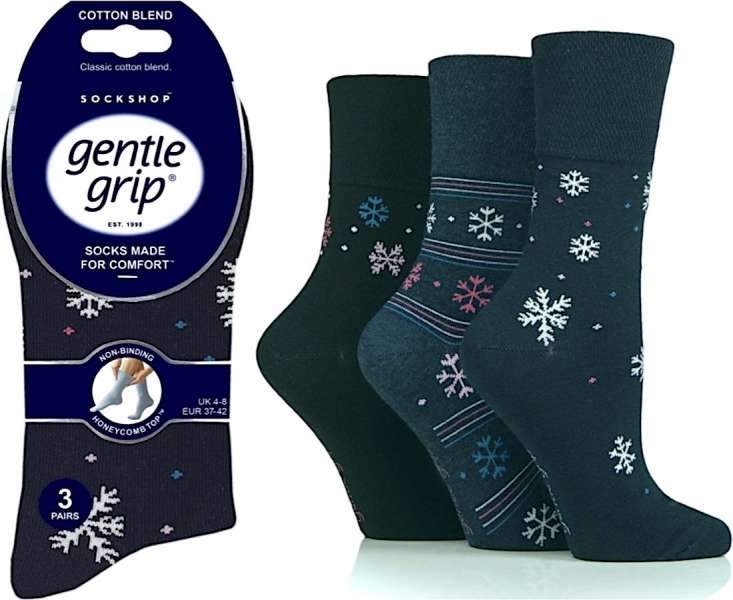 6 Pairs Ladies Gentle Grip Cotton Rich Non Binding Honeycomb Loose Top Socks 4-8 Snowflake