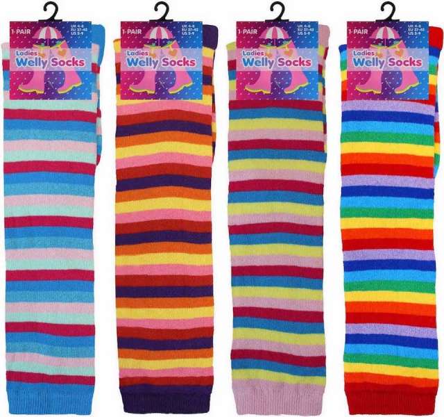 3 Pairs Ladies Rainbow Stripe Knee High Equestrian Wellington Boot Socks UK 4-8