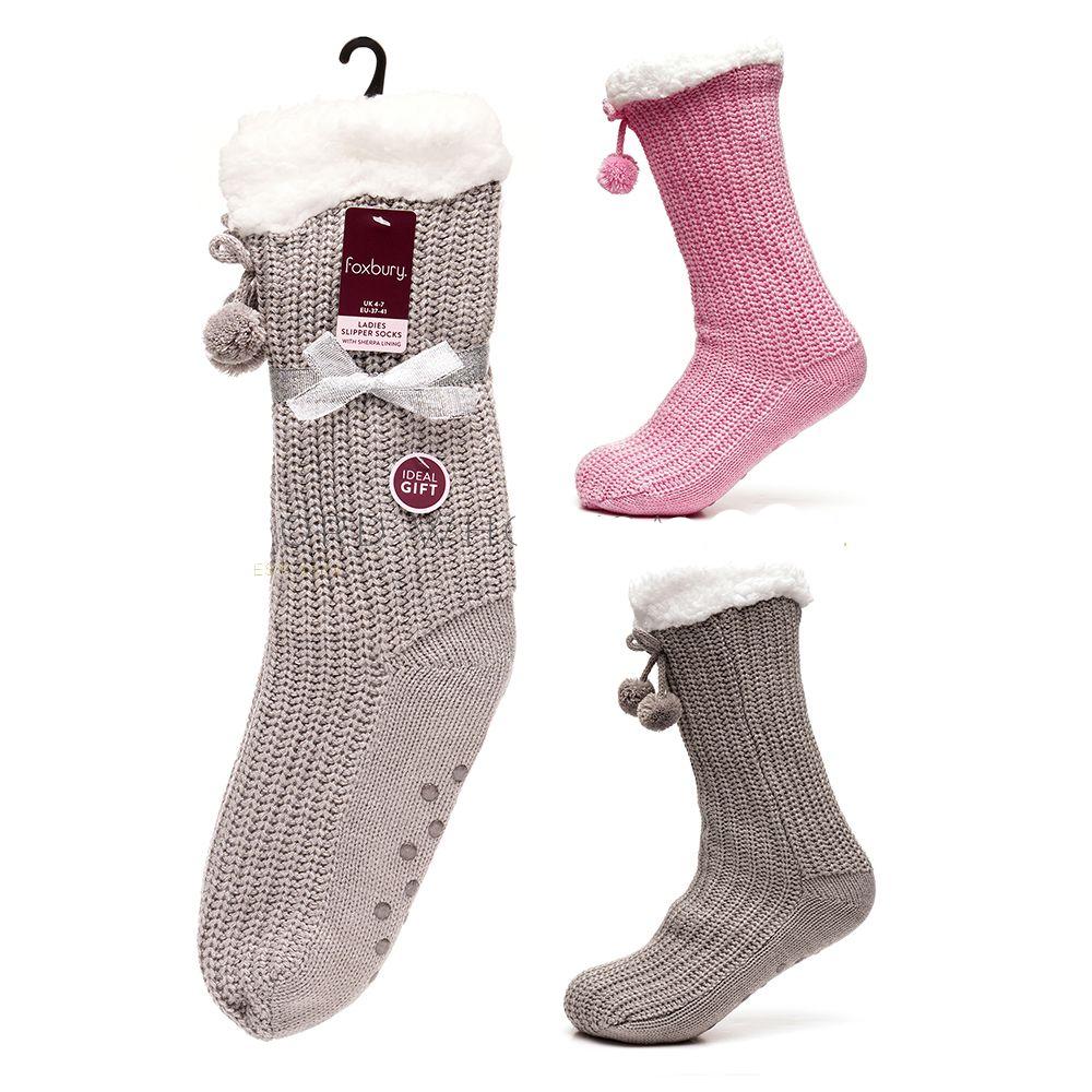 Ladies Sherpa Lining Lounge Socks With Lurex Pom Poms