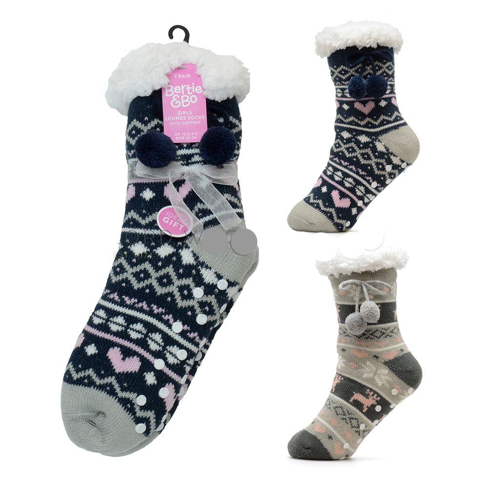 Girls Reindeer Slogan Lounge Socks With Sherpa Lining