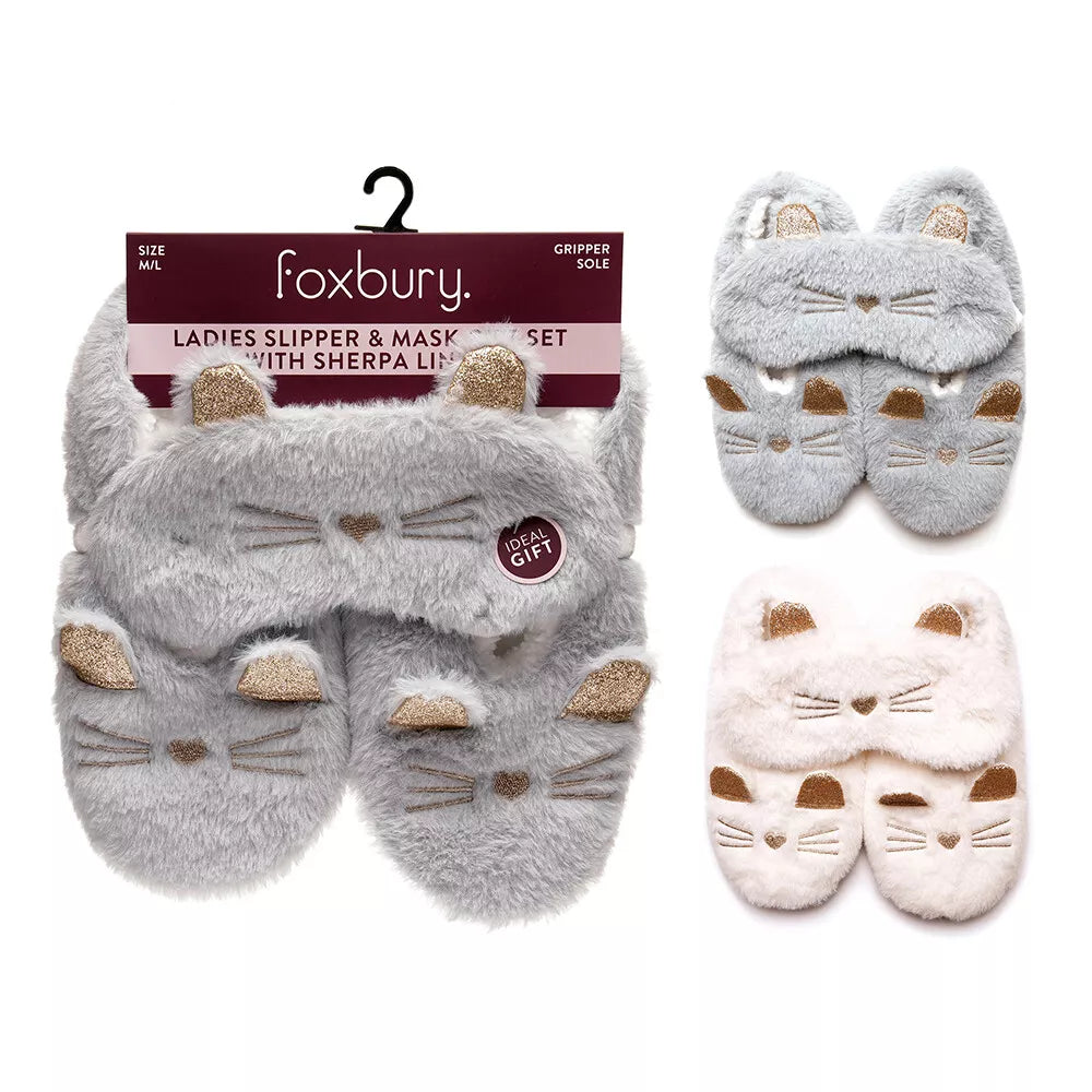 Ladies Cat Design Soft Faux Fur Slippers & Matching Eye Mask Gift Set