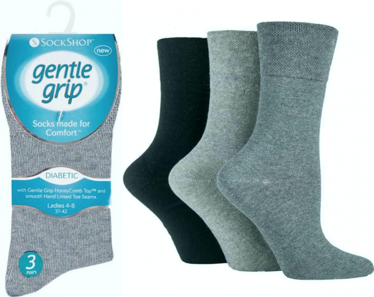 6 Pairs Ladies Diabetic Gentle Grip Seamless Toe Socks Grey Mix UK 4-8