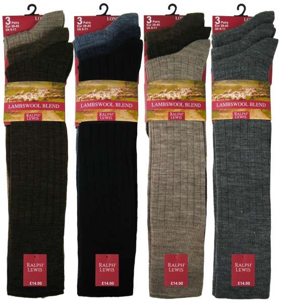 6 Pairs Men's Fine Knitted 25% Lambswool Blend Long Hose Socks