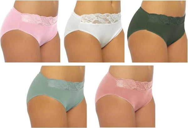 5 Pack Ladies High Leg Briefs Knickers Lace Top