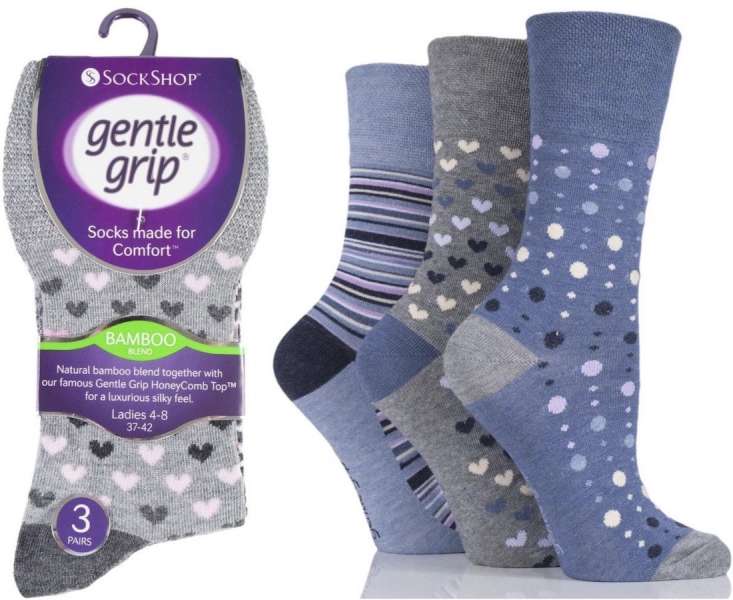 6 Pairs Ladies Bamboo Gentle Grip Non Binding Socks Blue