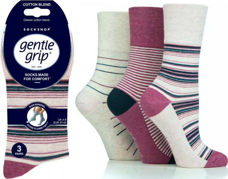 6 Pairs Ladies Gentle Grip Cotton Rich Non Binding Honeycomb Loose Top Socks 4-8 Raspberry Stripe