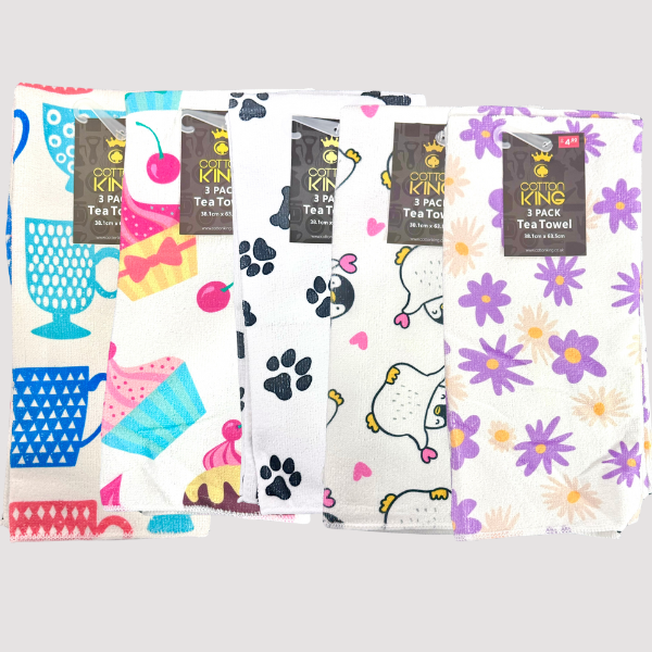 3 Pack Velour Printed Tea Towel Assorted