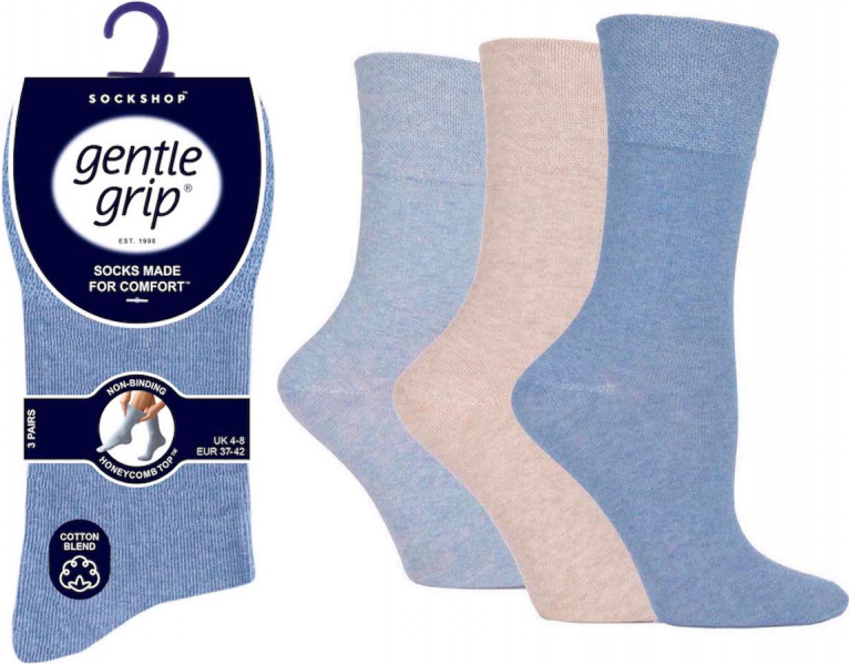 6 Pairs Ladies Gentle Grip Cotton Rich Non Binding Honeycomb Loose Top Socks 4-8 Blue Mix