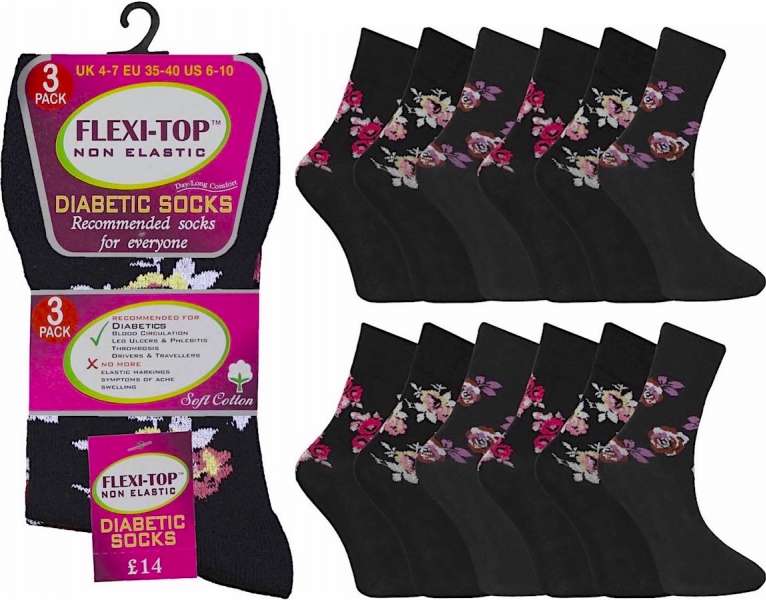 6 Pairs Ladies Floral Dark Non Binding Loose Elasticated Soft Top Socks UK 4-7