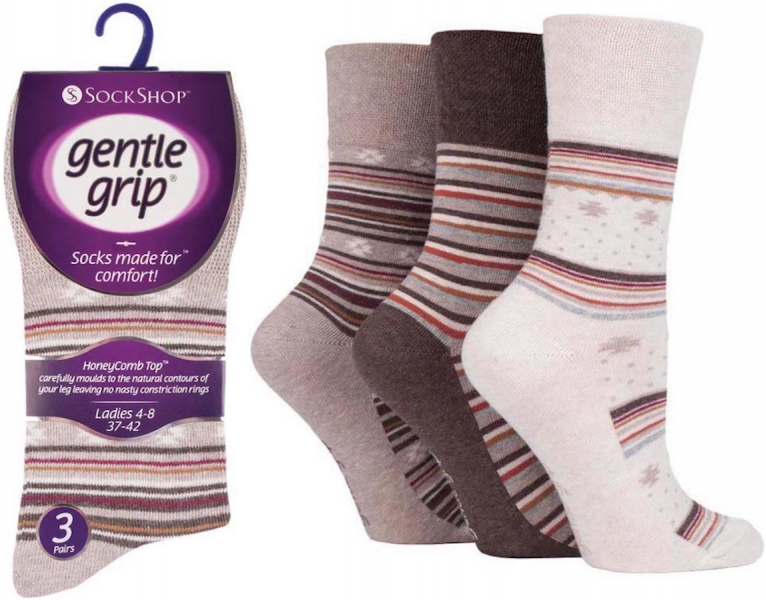 6 Pairs Ladies Gentle Grip Cotton Rich Non Binding Honeycomb Loose Top Socks 4-8 Neutral Stripes