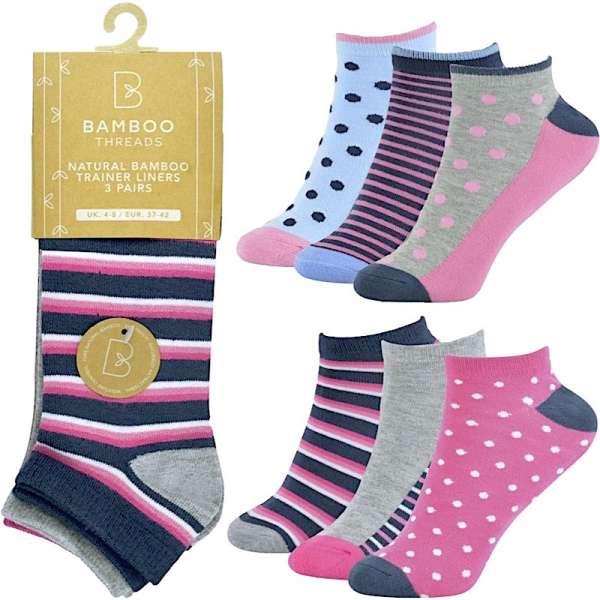 6 Pairs Ladies Bamboo Stripes & Spots Trainer Liner Socks UK 4-8