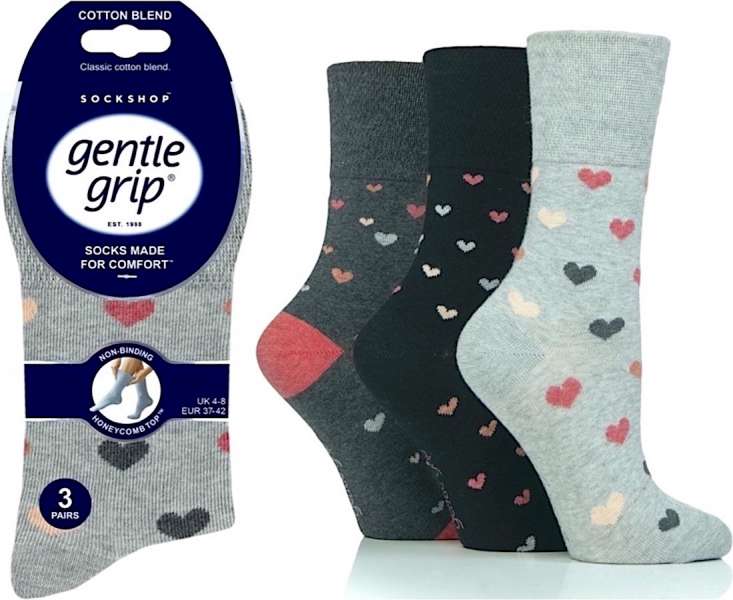 6 Pairs Ladies Gentle Grip Cotton Rich Non Binding Honeycomb Loose Top Socks 4-8 Queen of Hearts