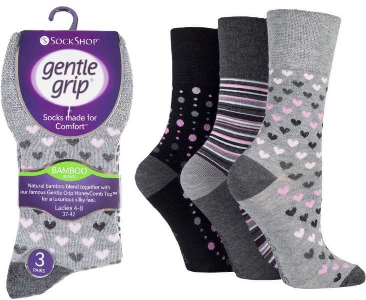 6 Pairs Ladies Bamboo Gentle Grip Non Binding Socks Grey