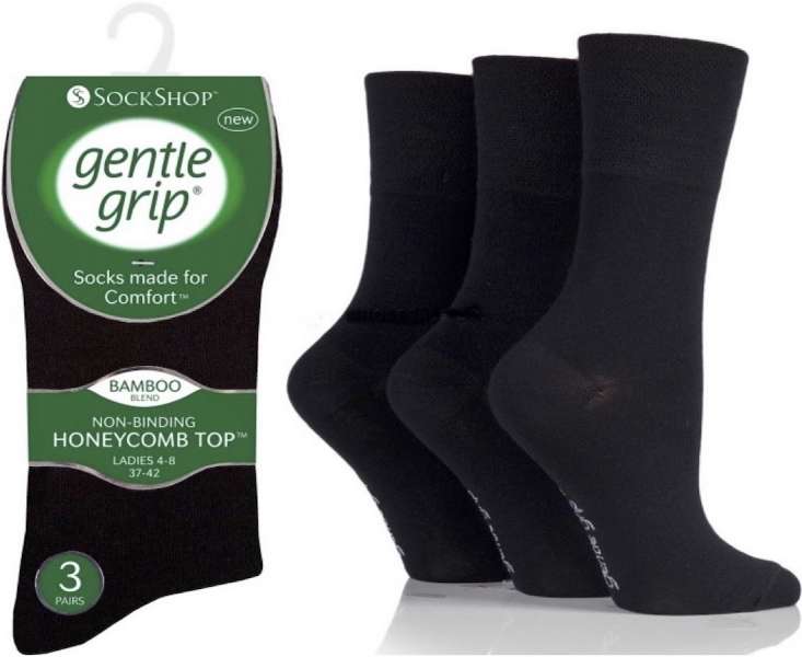 6 Pairs Ladies Bamboo Gentle Grip Non Binding Socks Black