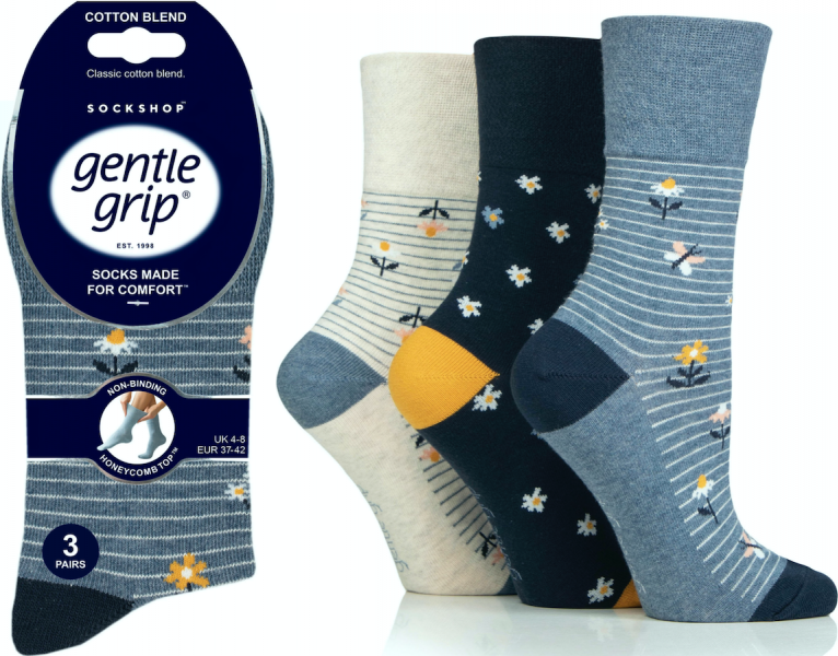 6 Pairs Ladies Gentle Grip Cotton Rich Non Binding Honeycomb Loose Top Socks 4-8 Daisies & Butterflies