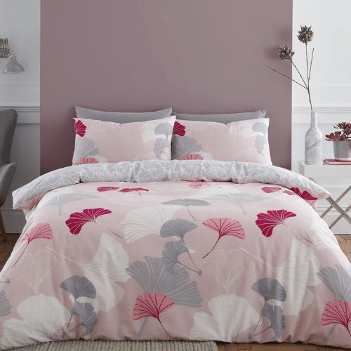 Ginko Leaf Reversible Duvet Cover Bedding Set King Pink