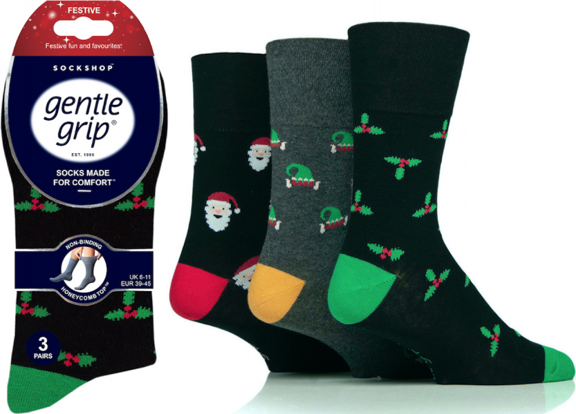 Men's Novelty Festive Christmas Gentle Grip Socks 3 Pair