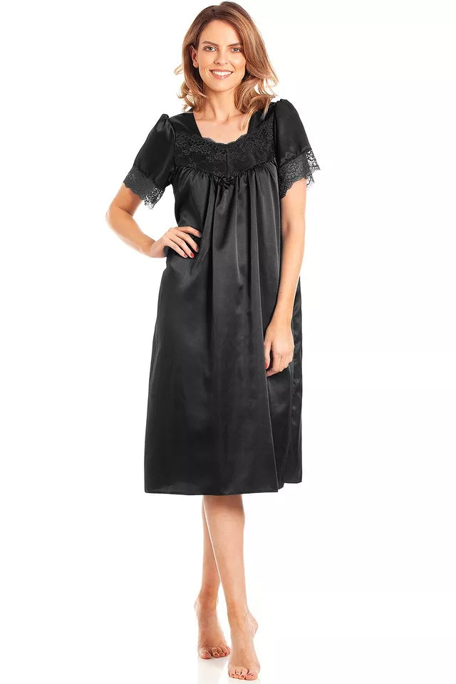 English Made Satin Short Sleeved Nightdress with Lace Detail