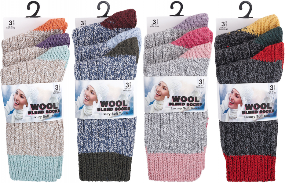 6 Pairs Ladies Chunky Wool Blend Non Elastic Hiking Boot Socks UK 4-7 Assorted