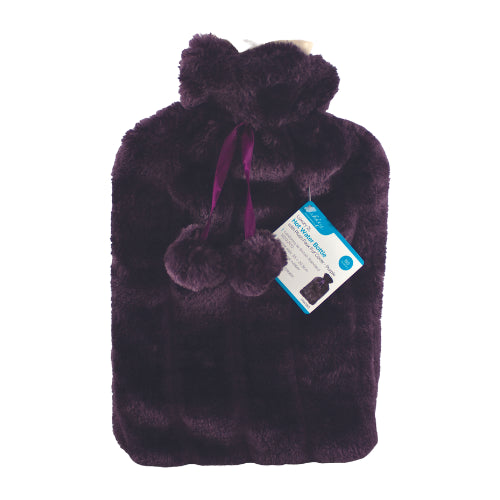 Hot Water Bottle Faux Fur Cover With Pom Pom Purple 2L