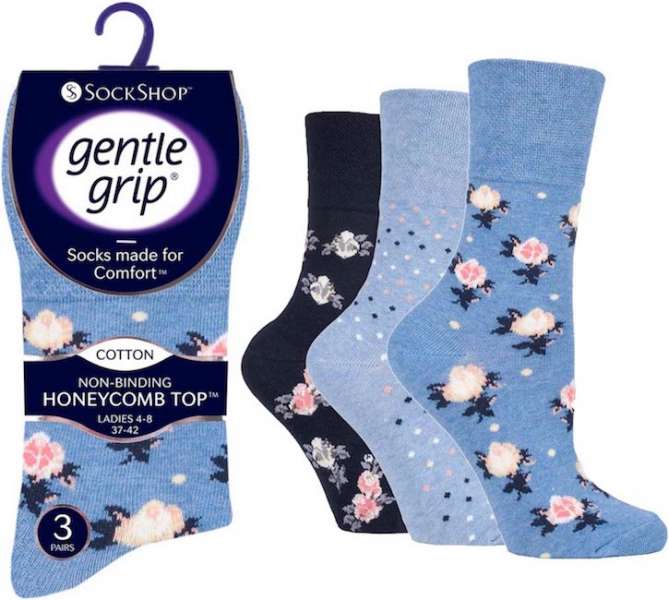 6 Pairs Ladies Gentle Grip Cotton Rich Non Binding Honeycomb Loose Top Socks 4-8 Micro Floral Blue