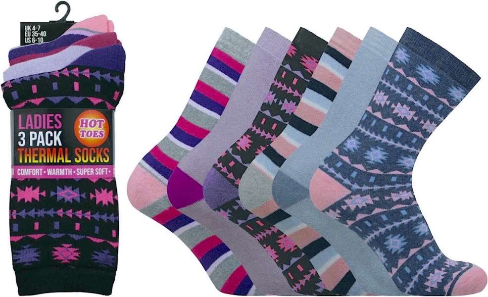 6 Pairs Ladies Fair-Isle & Stripe Design Super Soft Comfort Thermal Socks UK 4-7