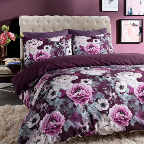 Inky Floral Purple Reversible Duvet Cover Bedding Set