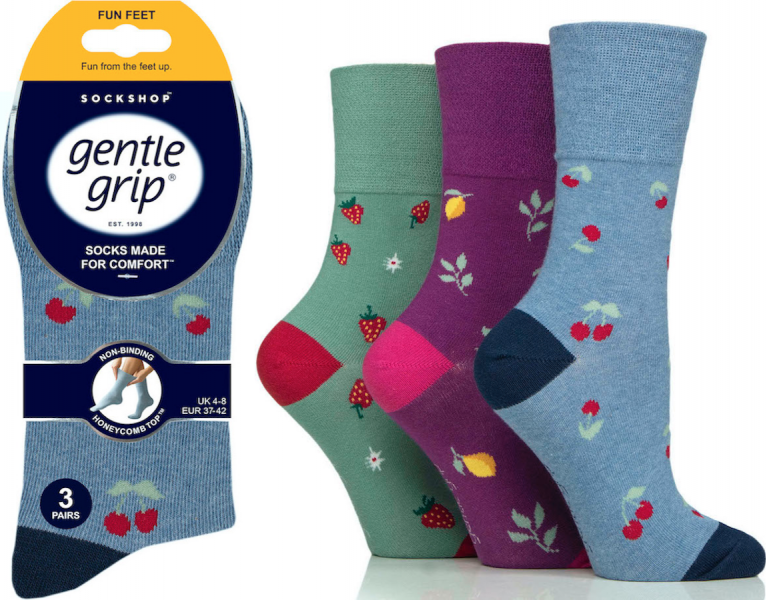 6 Pairs Ladies Gentle Grip Cotton Rich Non Binding Honeycomb Loose Top Socks 4-8 Fruits